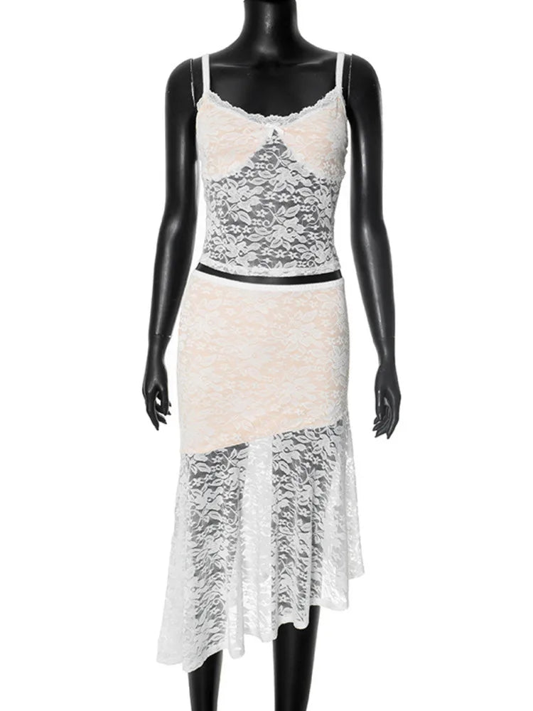 סט תחרה שני חלקים טופ גופיה וחצאית מידי - משי