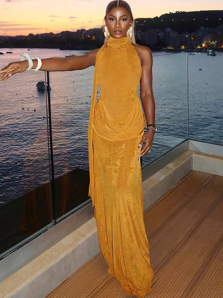 Open-back velvet maxi dress with pleats - Ciara