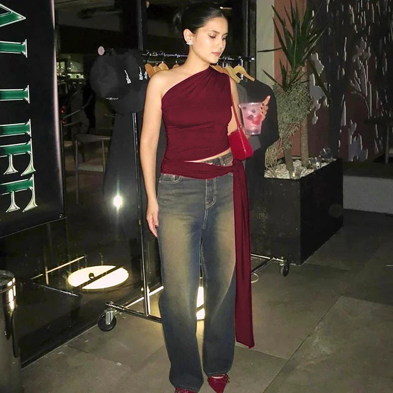 טופ גופיה בעיצוב אסימטרי בעיטור קשירה - ניקס