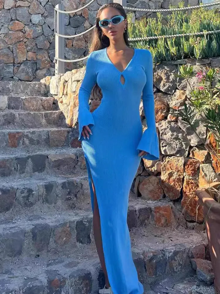 שמלת מקסי סרוגה בעיטור שסע שרוולי פעמון - כרם