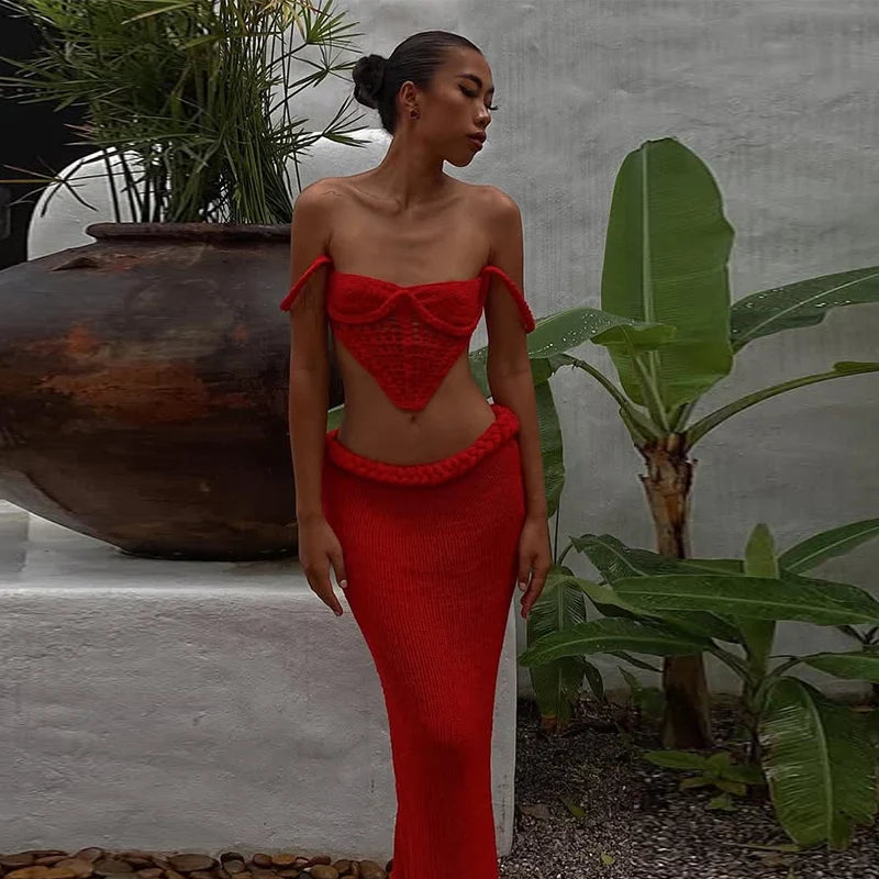 סט חוף סרוג שני חלקים טופ וחצאית מקסי - Aqua