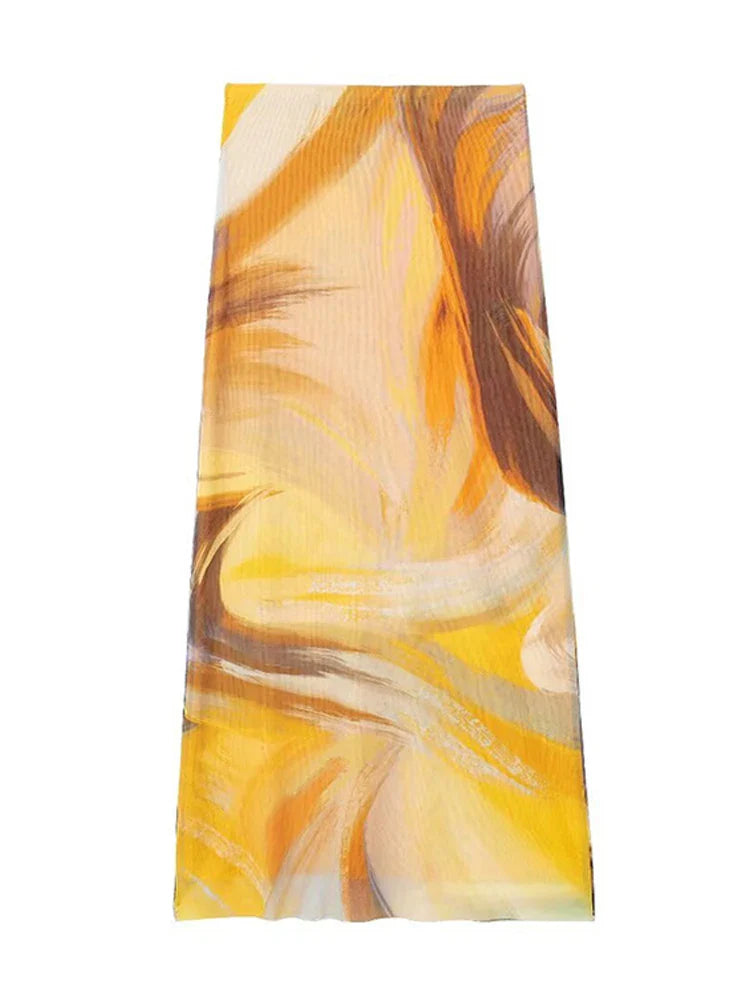 סט שיפון שני חלקים טופ סטרפלס וחצאית מידי בעיטור צעיף תואם - לירי