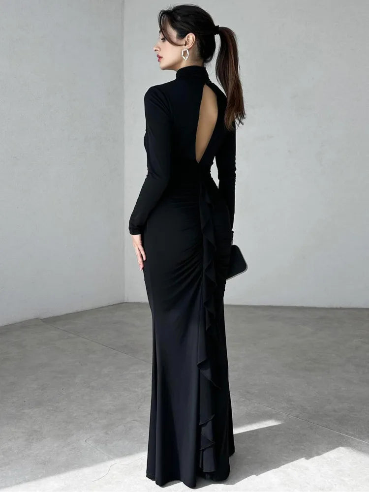 שמלת מקסי צווארון גולף צנועה בעיצוב כיווצים ומלמלה - מלכה