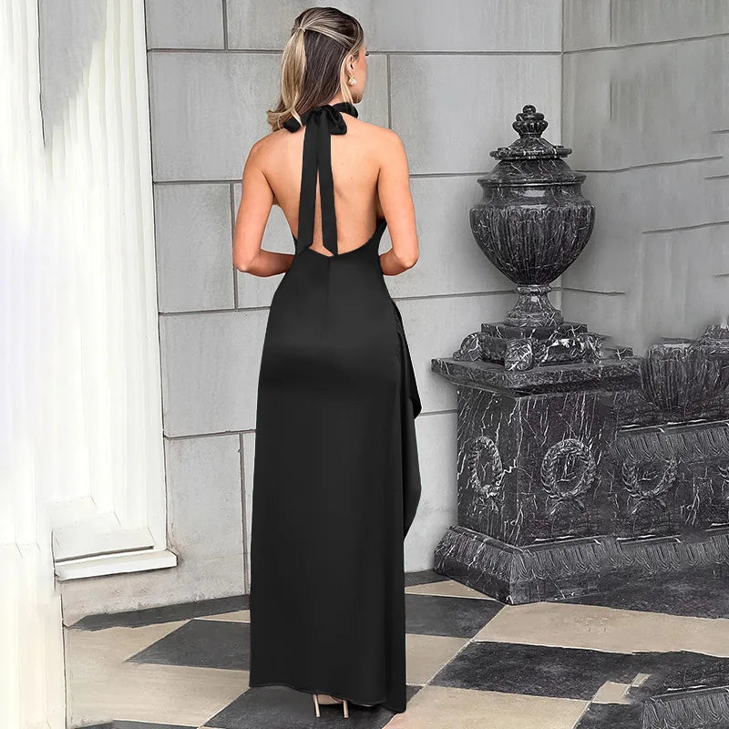 שמלת מקסי סאטן גב פתוח בעיצוב קולר ושסע  - נסטיה