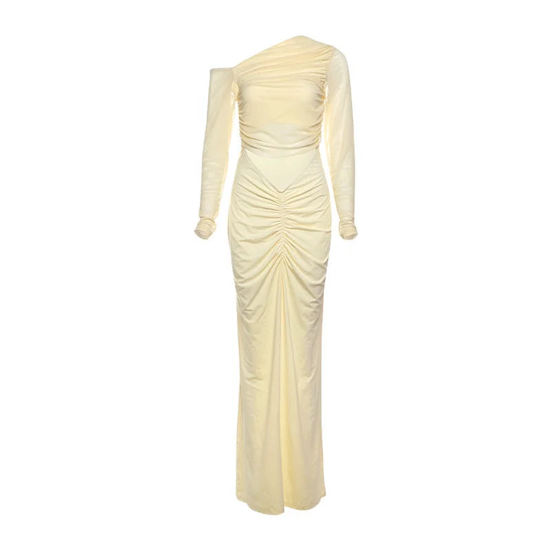 שמלת מקסי כיווצים בעיצוב פתח ושרוולי רשת כתפיים חשופות - אורה