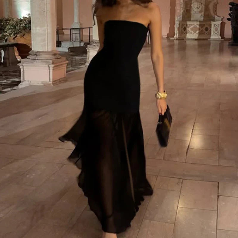 שמלת מקסי סטרפלס בעיטור שיפון ושסע - Lettie