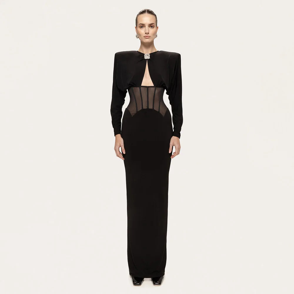 Maxi dress with a slit design and a mesh bodice with a diamond buckle - AMOR