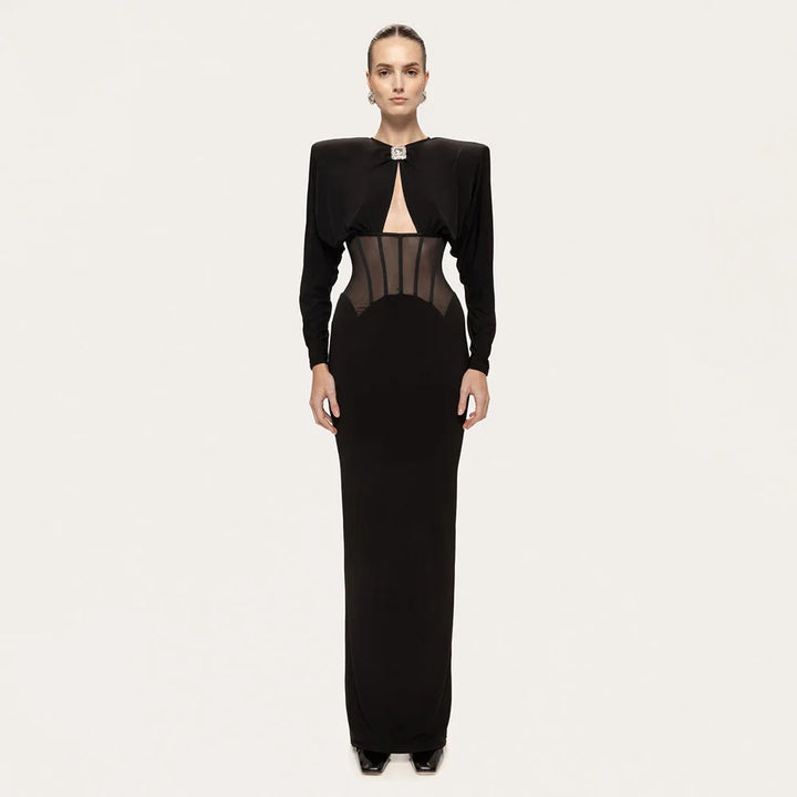 Maxi dress with a slit design and a mesh bodice with a diamond buckle - AMOR