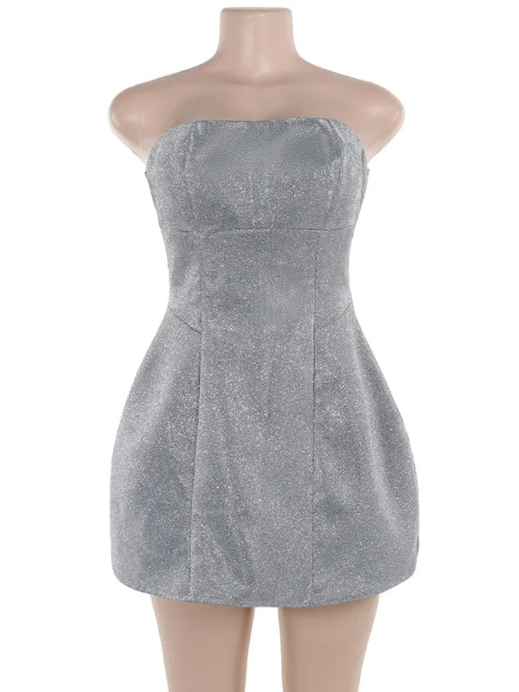 שמלת מיני סטרפלס נצנצים בעיטור פפיון בגב - DIVA