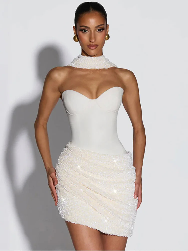 Sequin mini dress with scarf decoration - GIGI