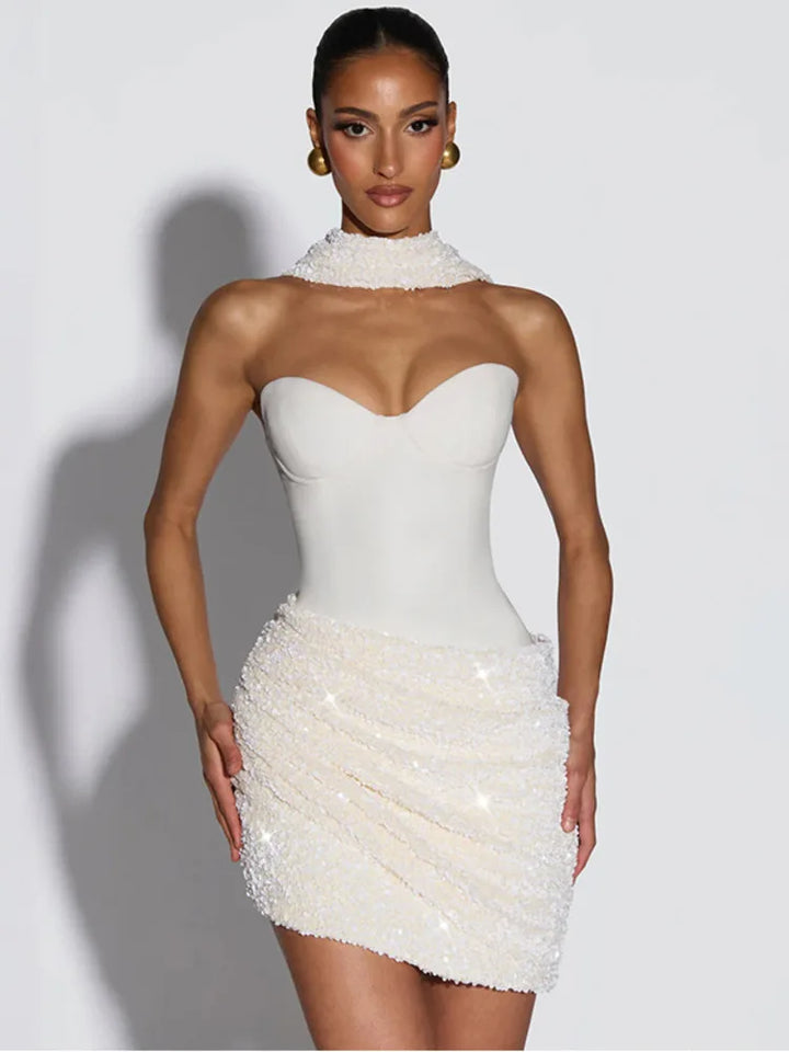 Sequin mini dress with scarf decoration - GIGI