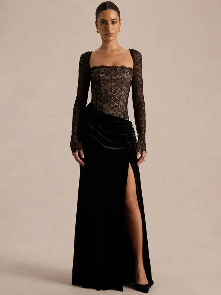 Velvet maxi dress with a lace corset design - CORI