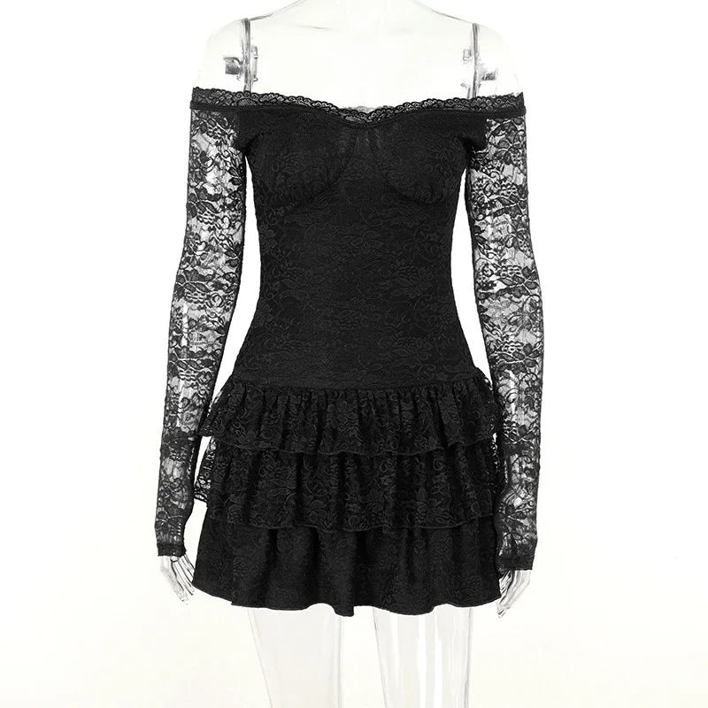 שמלת מיני תחרה מלמלה כתפיים חשופות - Shay