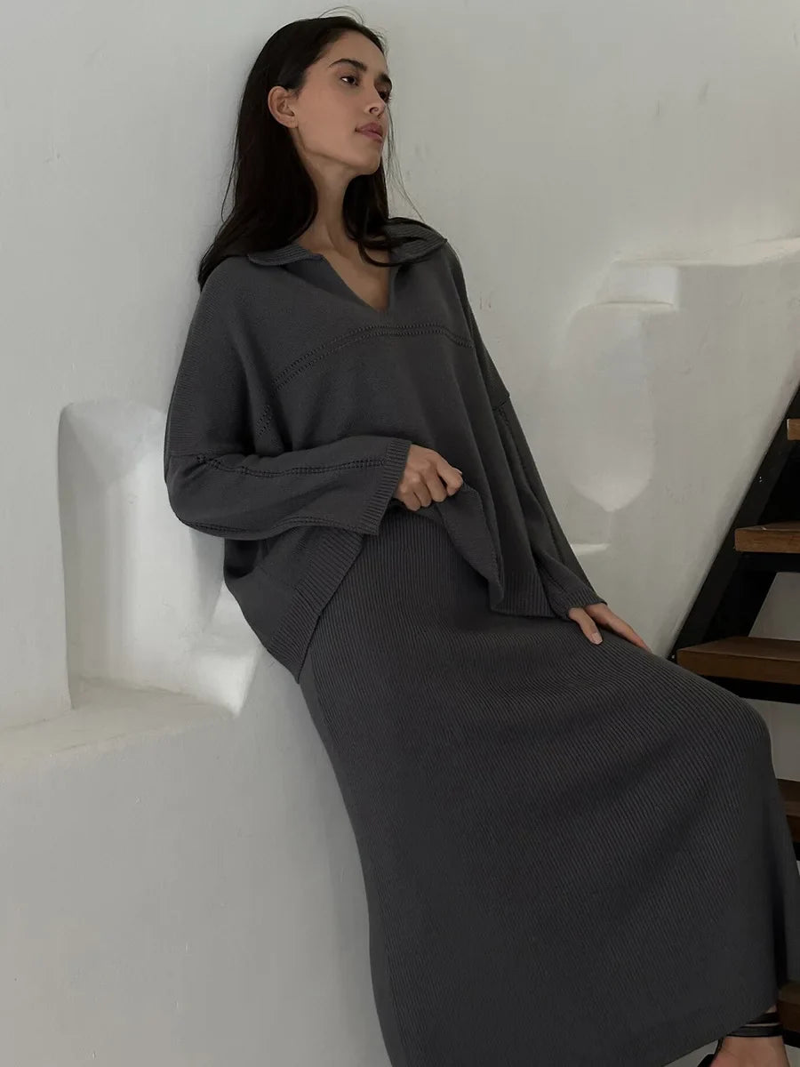 חליפת שני חלקים loose סרוגה חצאית מקסי וחולצה - שילב