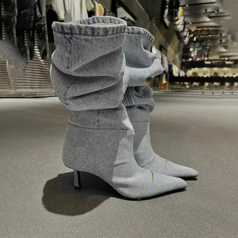 High-heeled denim pointed-toe boots - Jax
