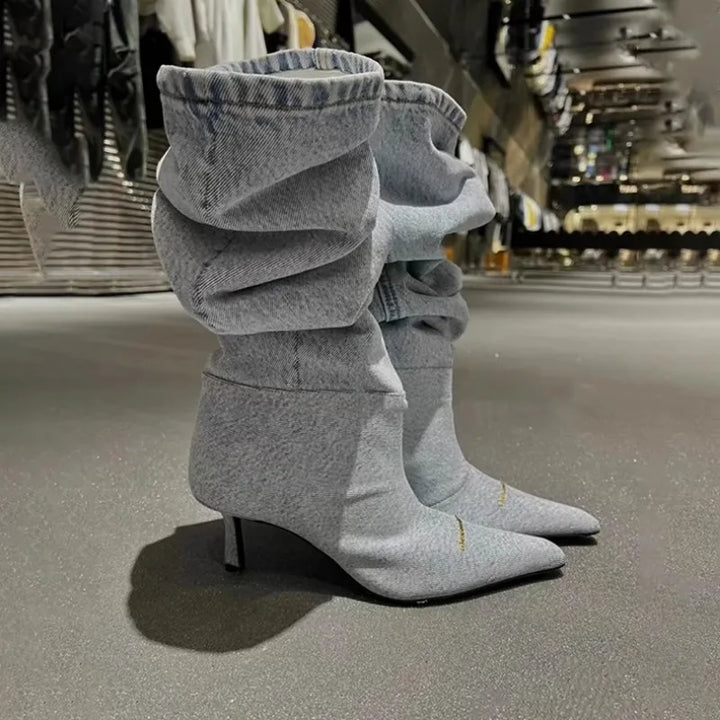 High-heeled denim pointed-toe boots - Jax