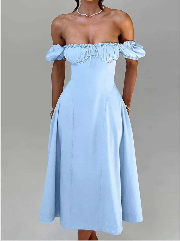 שמלת מקסי בגזרת A בעיצוב כתפיים חשופות שרוולים נפוחים - ג'ינה