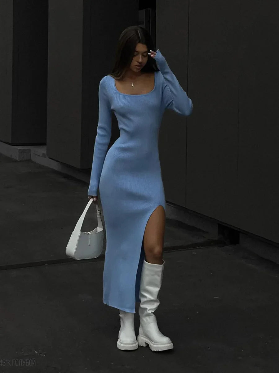 שמלת מקסי סרוגה שרוול ארוך בשילוב שסע - ז'אנה