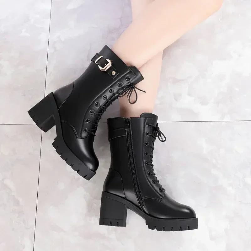 Faux leather heeled boots with fur lining - Cassandra