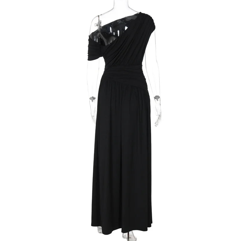 שמלת מקסי קיפולים אלגנטית כתף חשופה - מיילין