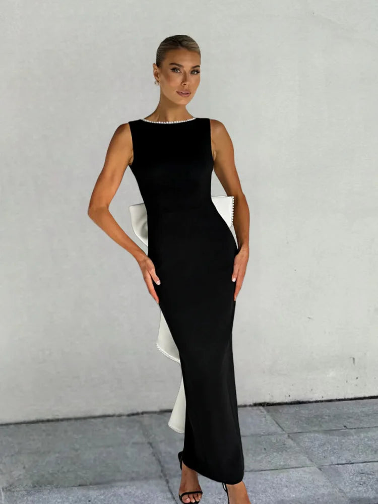 שמלת מקסי בעיצוב אלגנטי יוקרתי בעיטור פפיון ופנינים גב פתוח - קריסטין