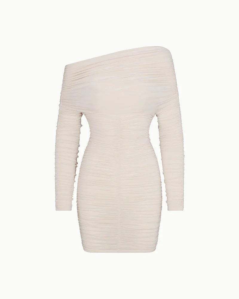 שמלת מיני כיווצים כתף חשופה - ספיר