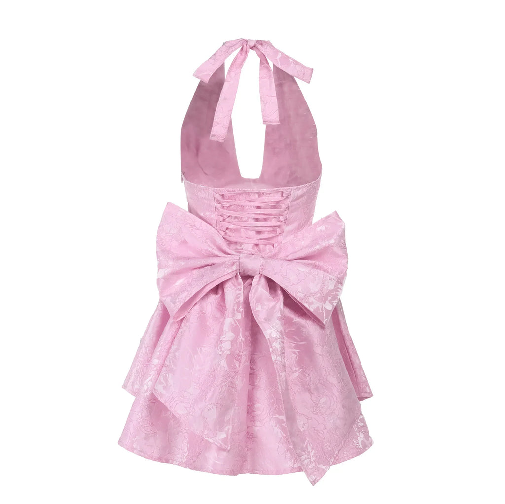 שמלת מיני רקמת איורי פרחים בגזרת A בעיטור פפיון בגב בעיצוב קשירה בגב להצמדה במותן וקשירה בצוואר - Pearl