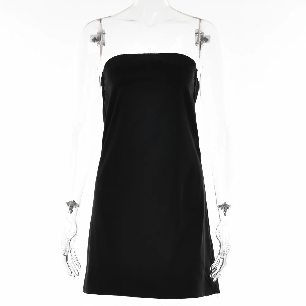 שמלת מיני סטרפלס סאטן - סקיי