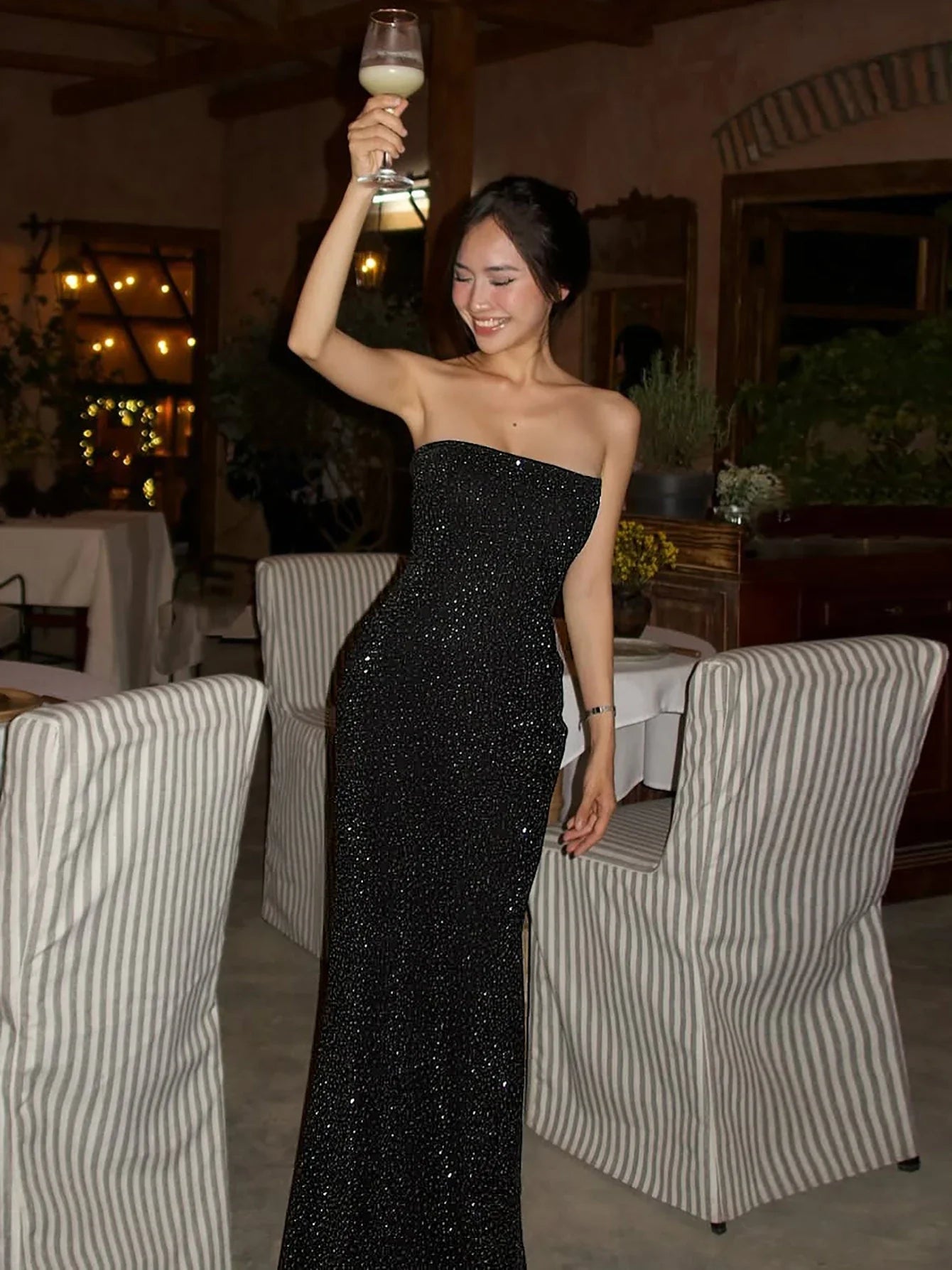 שמלת מקסי סטרפלס נצנצים בעיטור זרקונים מנצנצים - HOLLY