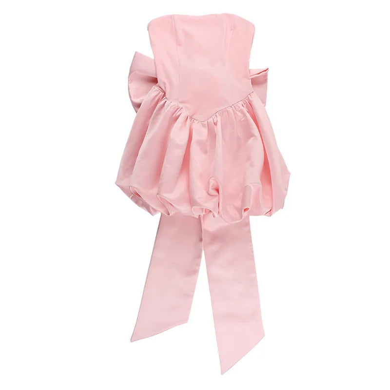 שמלת מיני סטרפלס סאטן בגזרת בלון בעיטור פפיון - נינה