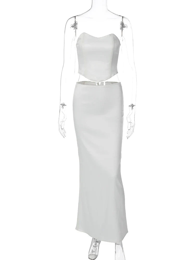 סט סאטן שני חלקים טופ סטרפלס וחצאית מקסי - סיאנה