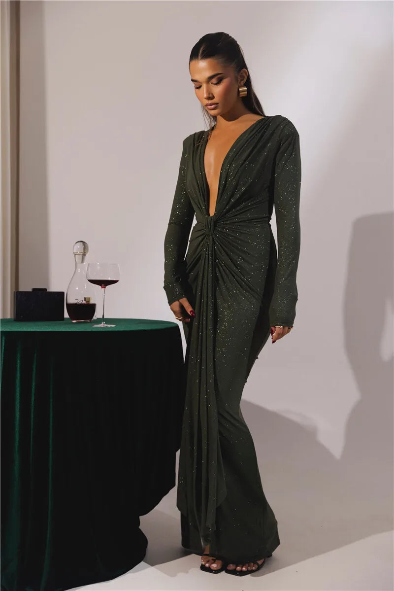 שמלת מקסי נצנצים בעיצוב כיווצים מחשוף V עמוק - אריקה