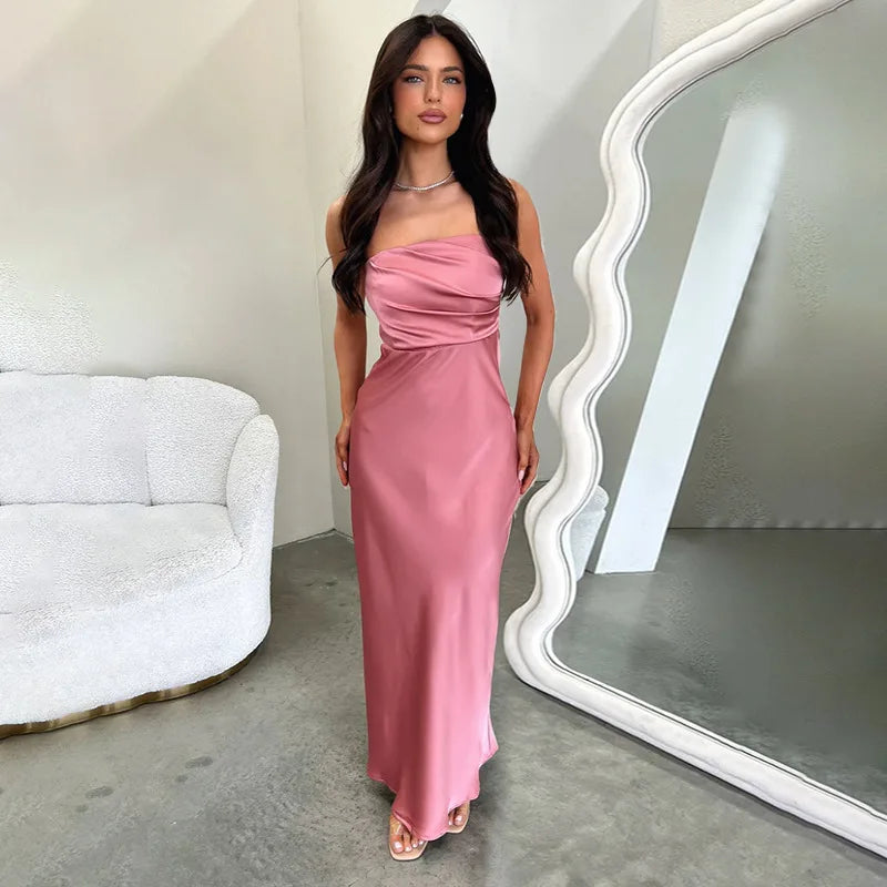 שמלת מקסי סטרפלס סאטן בעיצוב קיפולים - רוזה