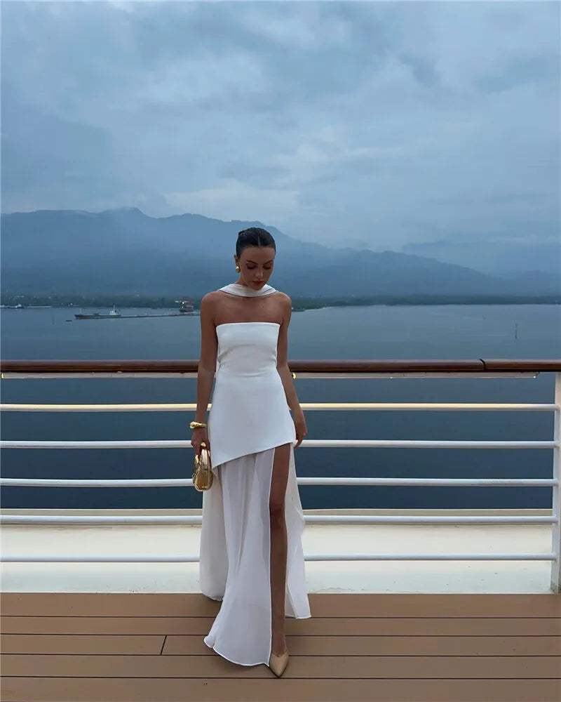 שמלת מקסי סטרפלס חלק תחתון שיפון בעיצוב שסע בעיטור צעיף תואם - Princess