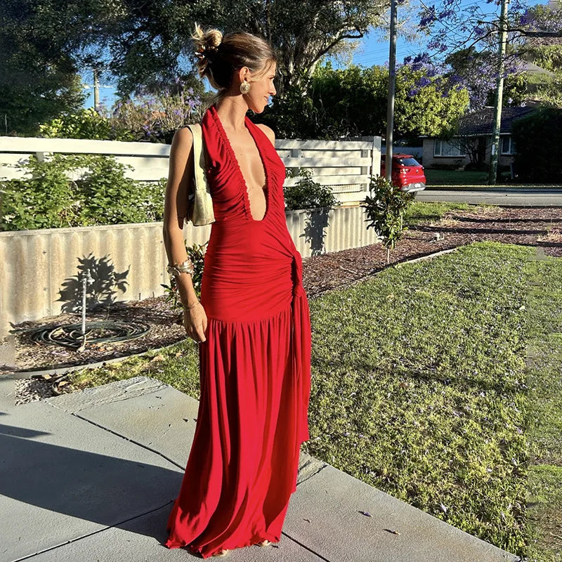 שמלת מקסי כיווצים בעיטור קשירה גב פתוח מחשוף V עמוק - פלג