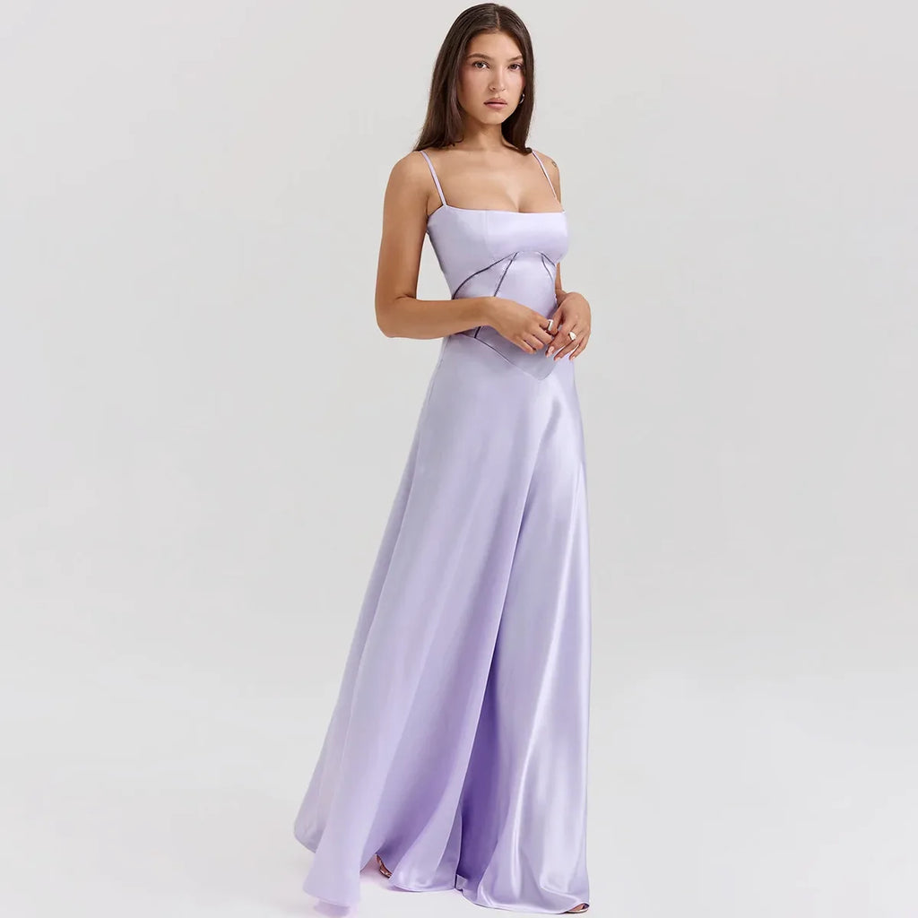 שמלת מקסי סאטן קשירה בגב להצמדה במותן - Lilia