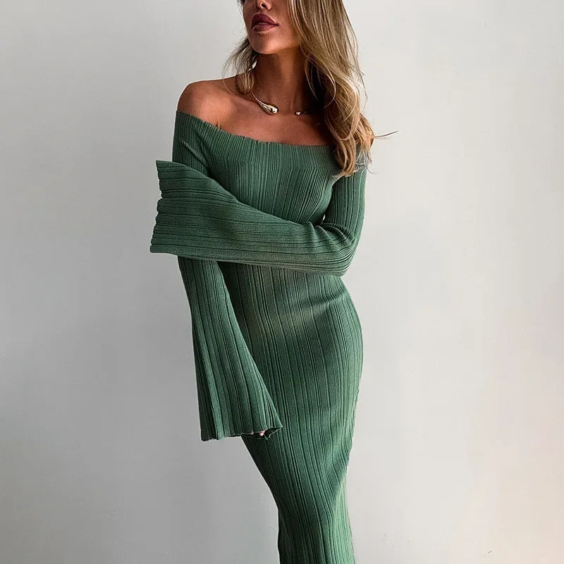 שמלת מקסי סרוגה כתפיים חשופות שרוולי פעמון - סאלין