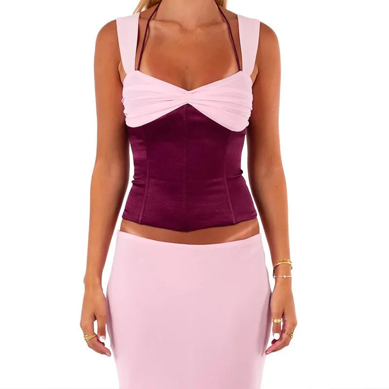 סט שני חלקים חולצה בעיצוב סאטן וחצאית מקסי בעיטור שיפון - מקסימה