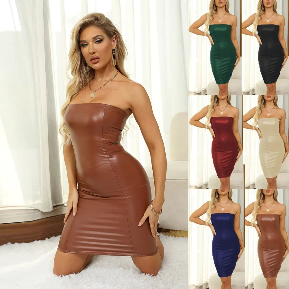 שמלת מיני סטרפלס דמוי עור - פאולינה