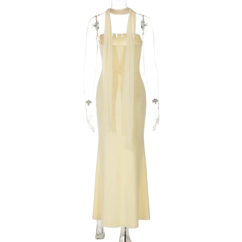 שמלת מקסי סטרפלס אלגנטית בעיצוב שסע בעיטור צעיף תואם - לוס