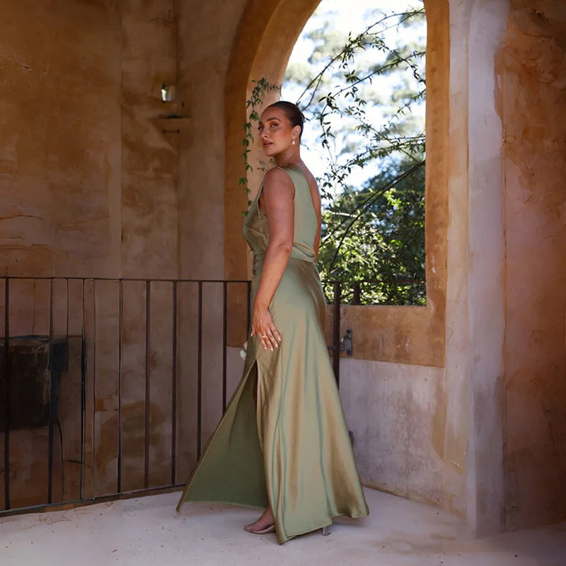 שמלת מקסי סאטן כתפייה אחת בשילוב שסע - איירה