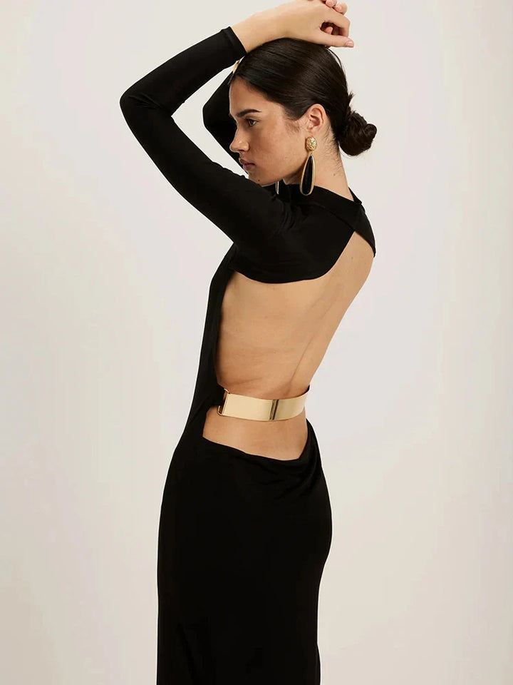 Maxi turtleneck dress with open back and buckle - EINAT