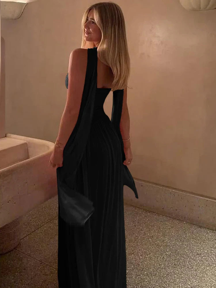 שמלת מקסי סטרפלס שיפון בעיצוב כיווצים בעיטור צעיף תואם - מיה