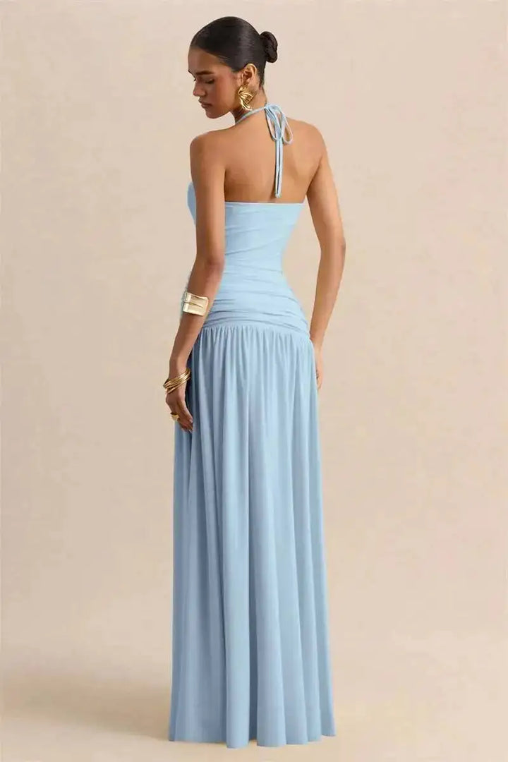 Pleated maxi dress with a neck tie and open back - Tuval