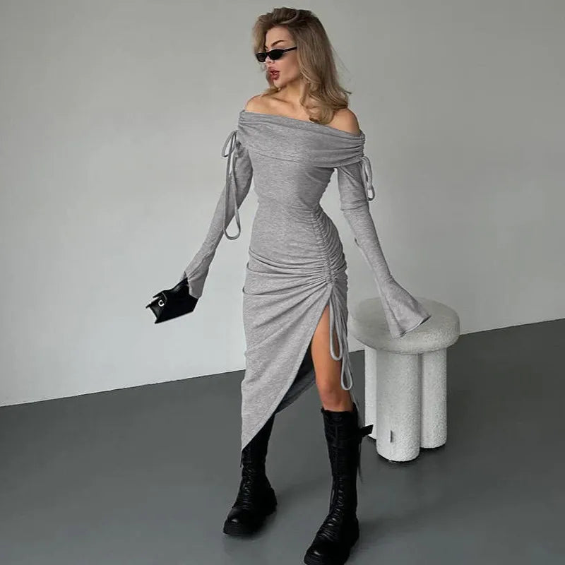 שמלת מקסי כתפיים חשופות בעיצוב שסע כיווצים בעיטור שרוכי קשירה - Aisha