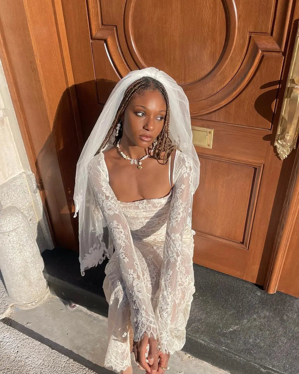 שמלת מקסי אלגנטית תחרה בשילוב עליונית שרוולי תחרה - איליה