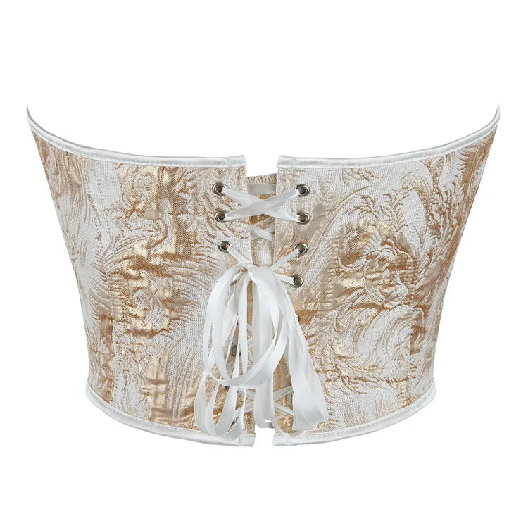 טופ מחוך סטרפלס סטייל וינטג' מחשוף לב בעיטור רקמת פרחים סאטן - לייני