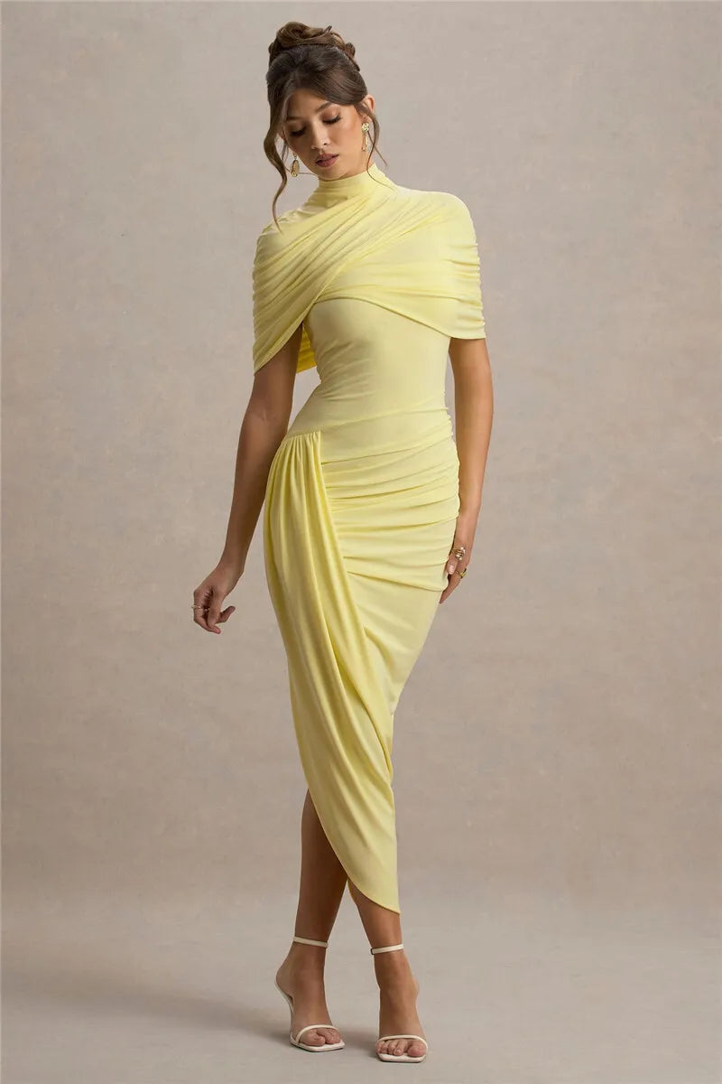 שמלת מידי בעיצוב אסימטרי וכיווצים - מלני