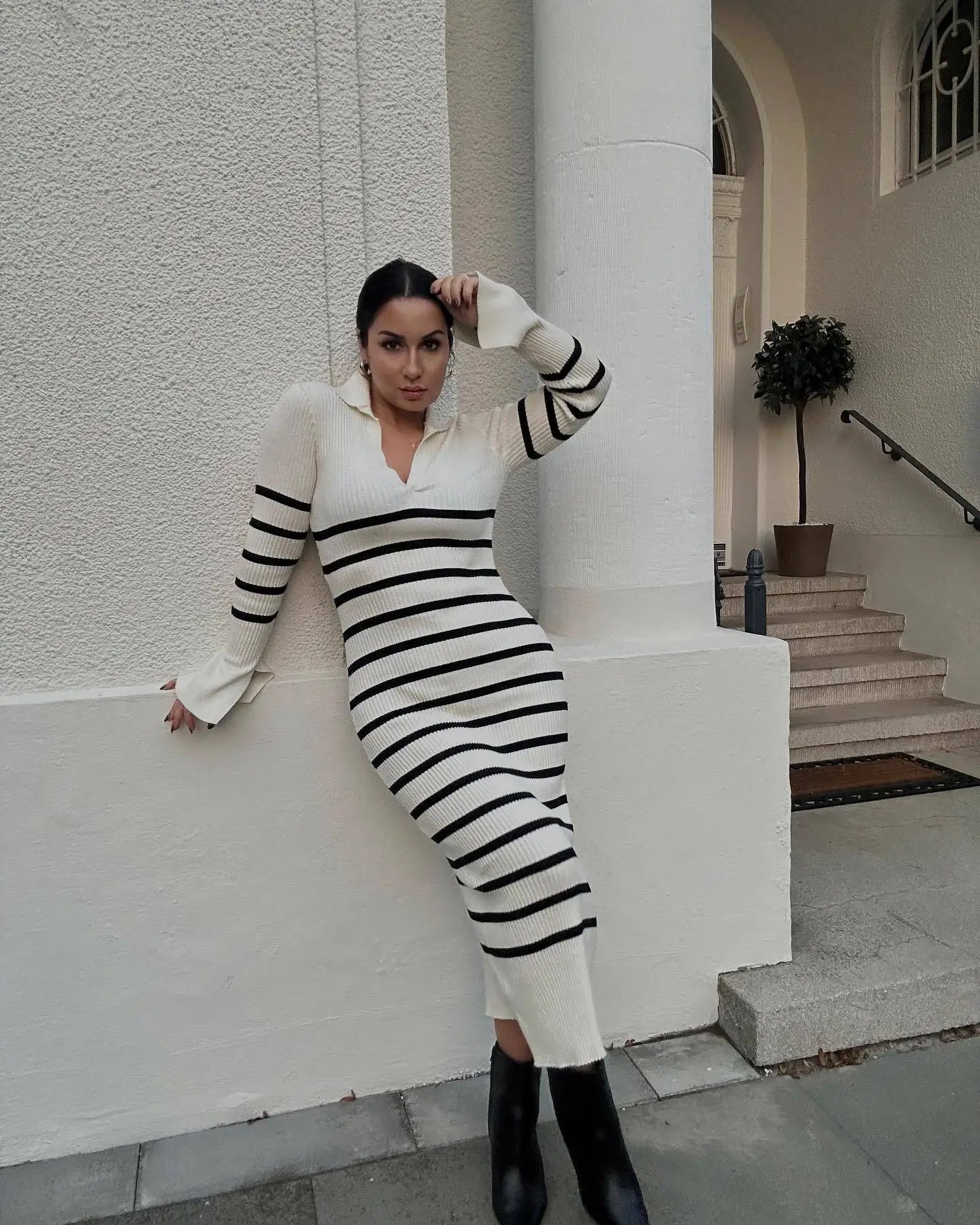 שמלת מקסי סריג צווארון צווארון פולו - גייל