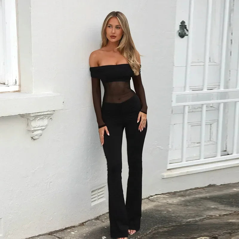 אוברול בד מחטב בעיצוב רשת וכתפיים חשופות מכנסי פדלפון - מאיה לי